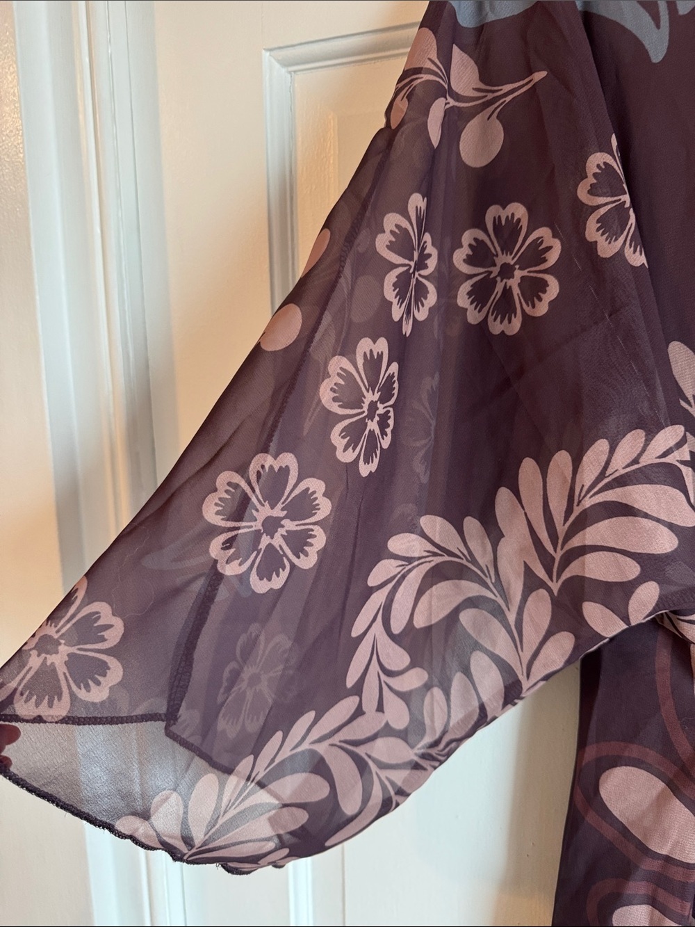 Women’s Semi Sheer Floral V-Neck Beach Coverup Dress - Taupe & Dusty Blue Belt - Picture 8 of 13